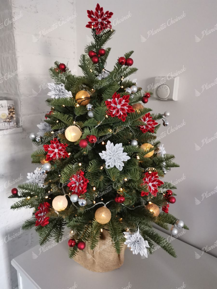 Ozdobiona choinka sztuczna mała ozdobna jak żywa w doniczce PE Jodła Kaukaska 80 cm na komodę